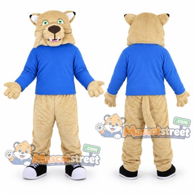 Tan Cougar Mascot Costume with Blue Shirt
