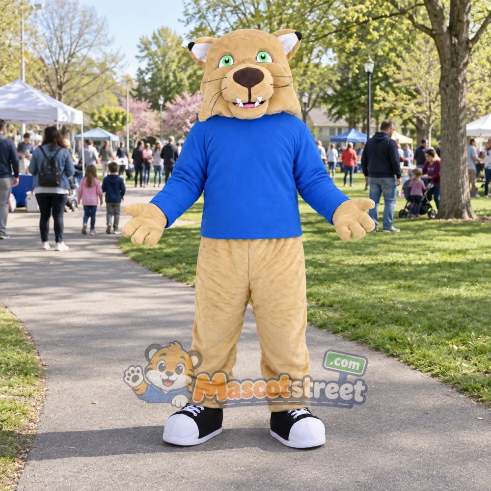 Tan Cougar Mascot Costume with Blue Shirt Tan Cougar Mascot Costume with Blue Shirt