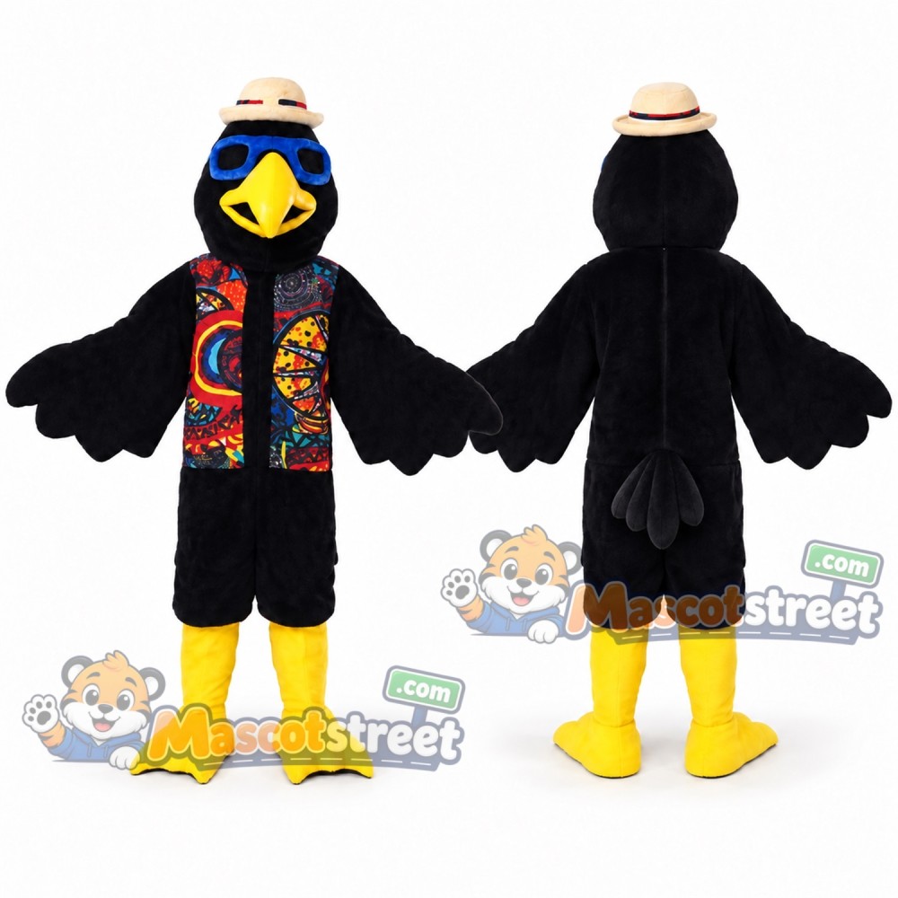 Black Bird Mascot Costume with Patterned Vest and Straw Hat