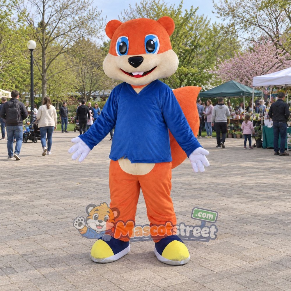 Orange Squirrel Mascot Costume with Blue Hoodie