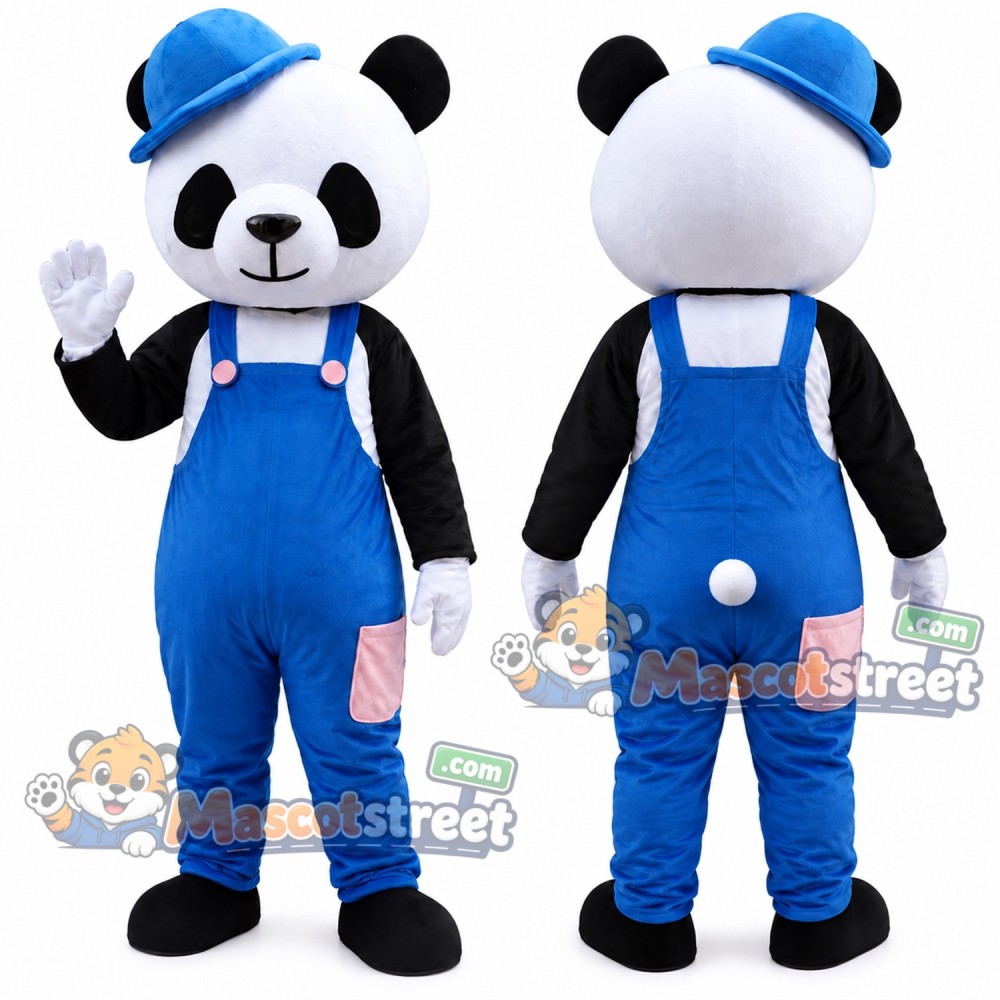 Panda Mascot Costume with Blue Overalls and Hat Panda Mascot Costume with Blue Overalls and Hat