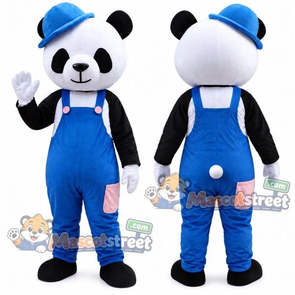 Panda Mascot Costume with Blue Overalls and Hat