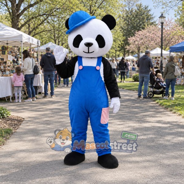 Panda Mascot Costume with Blue Overalls and Hat