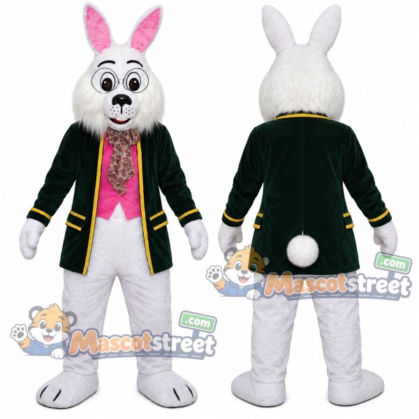 White Rabbit Mascot Costume with Black Coat and Pink Vest
