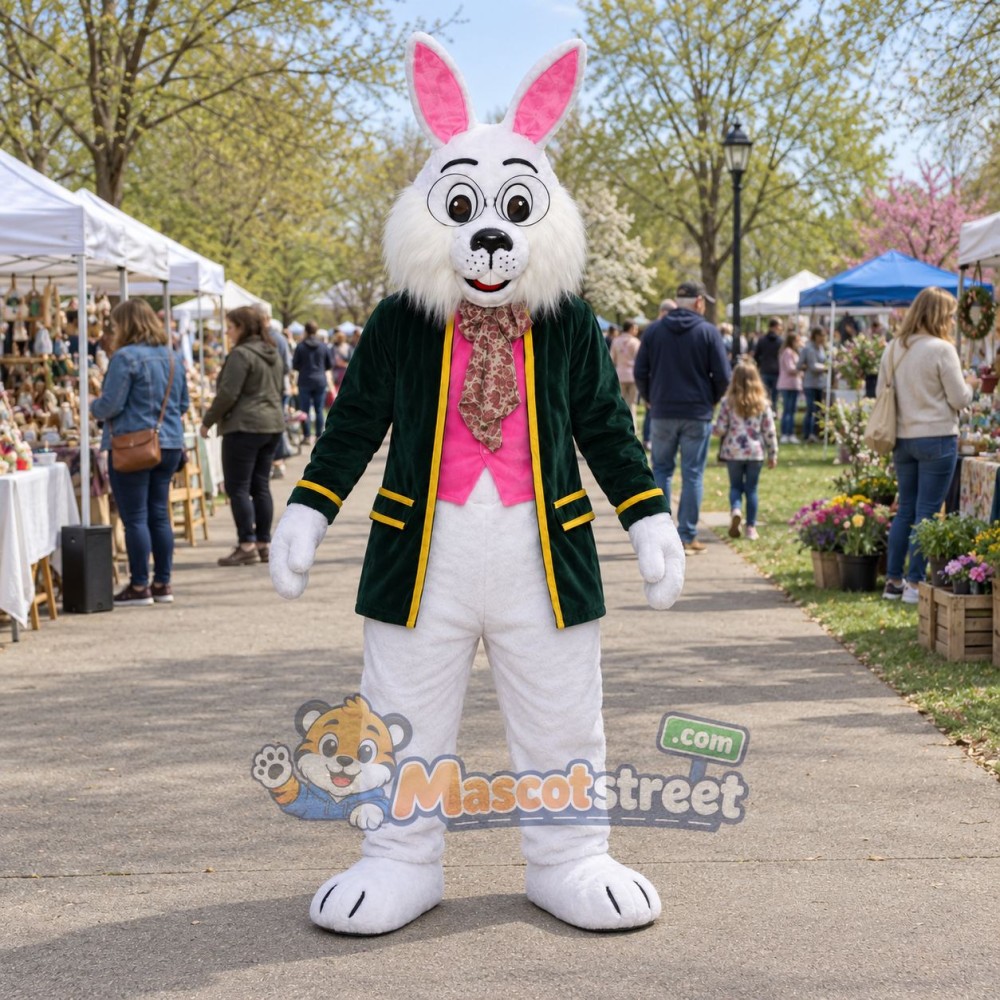 White Rabbit Mascot Costume with Black Coat and Pink Vest White Rabbit Mascot Costume with Black Coat and Pink Vest