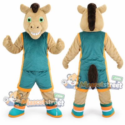 Tan Horse Mascot Costume with Teal Sports Uniform Tan Horse Mascot Costume with Teal Sports Uniform