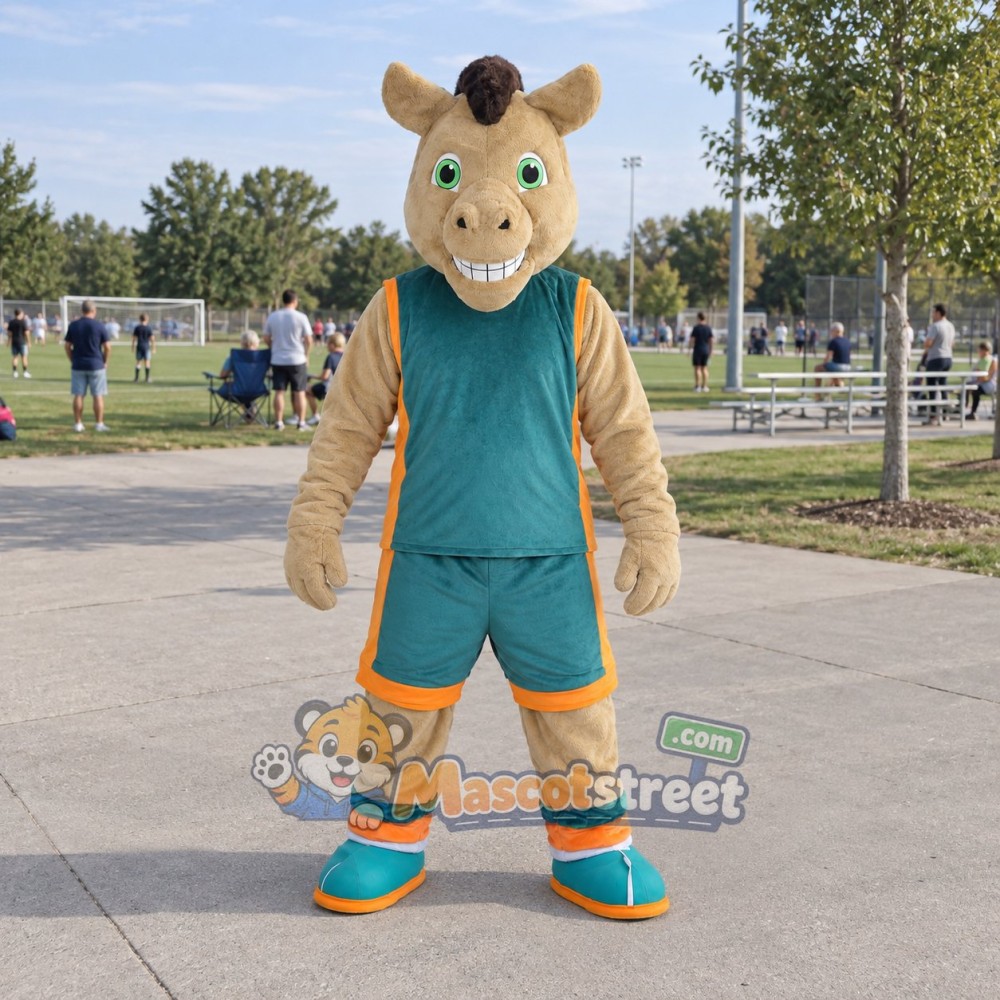 Tan Horse Mascot Costume with Teal Sports Uniform