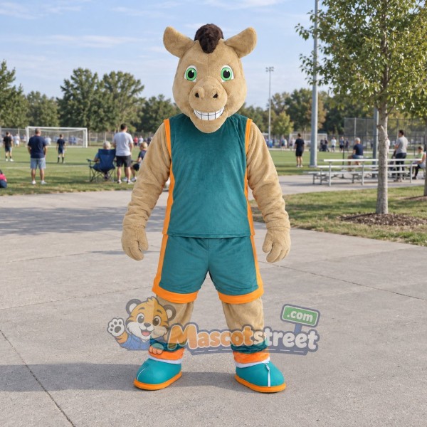 Tan Horse Mascot Costume with Teal Sports Uniform