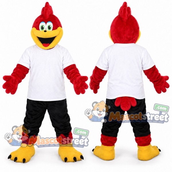 Red Bird Mascot Costume with White Shirt and Black Shorts