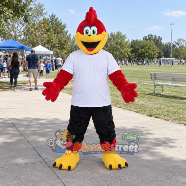 Red Bird Mascot Costume with White Shirt and Black Shorts