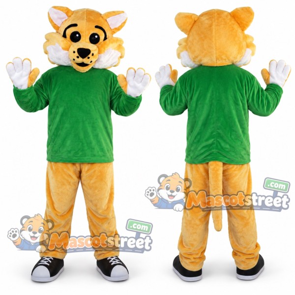 Yellow Wildcat Mascot Costume with Green Shirt