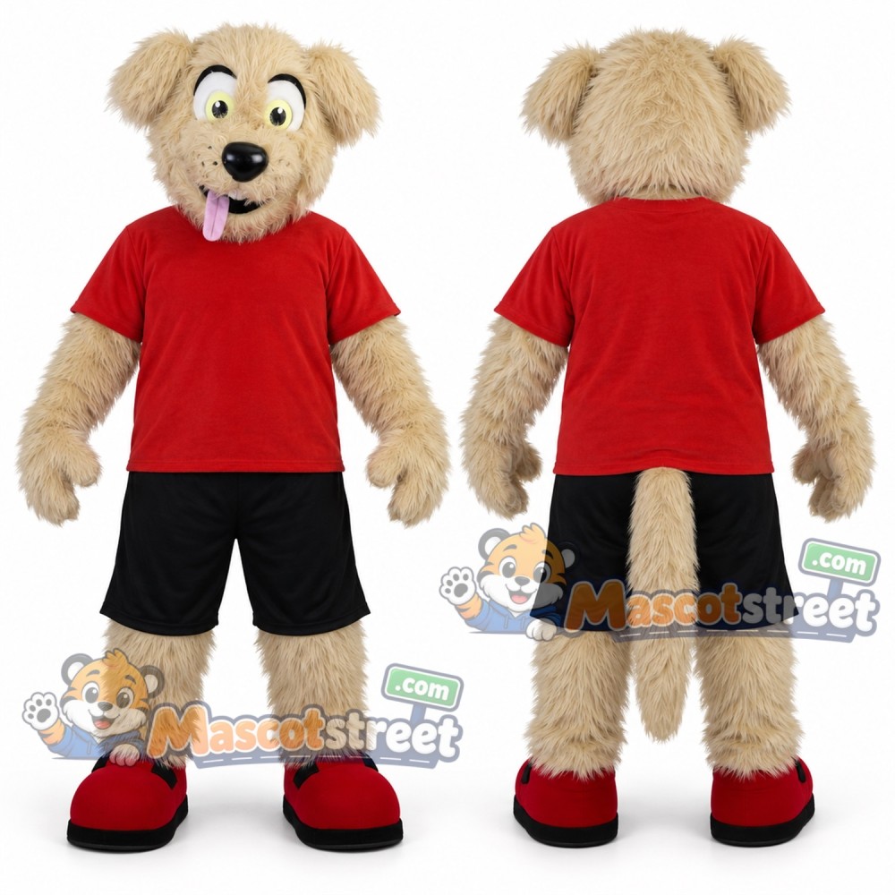 Tan Dog Mascot Costume with Red Shirt and Black Shorts
