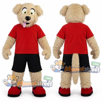 Tan Dog Mascot Costume with Red Shirt and Black Shorts