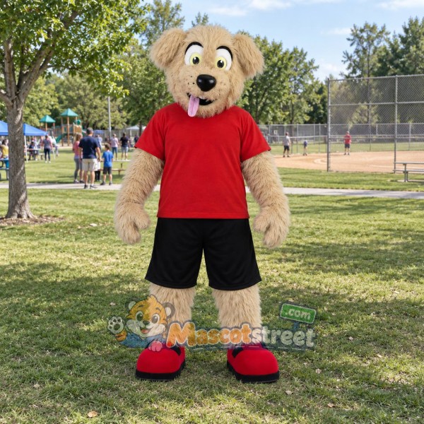 Tan Dog Mascot Costume with Red Shirt and Black Shorts