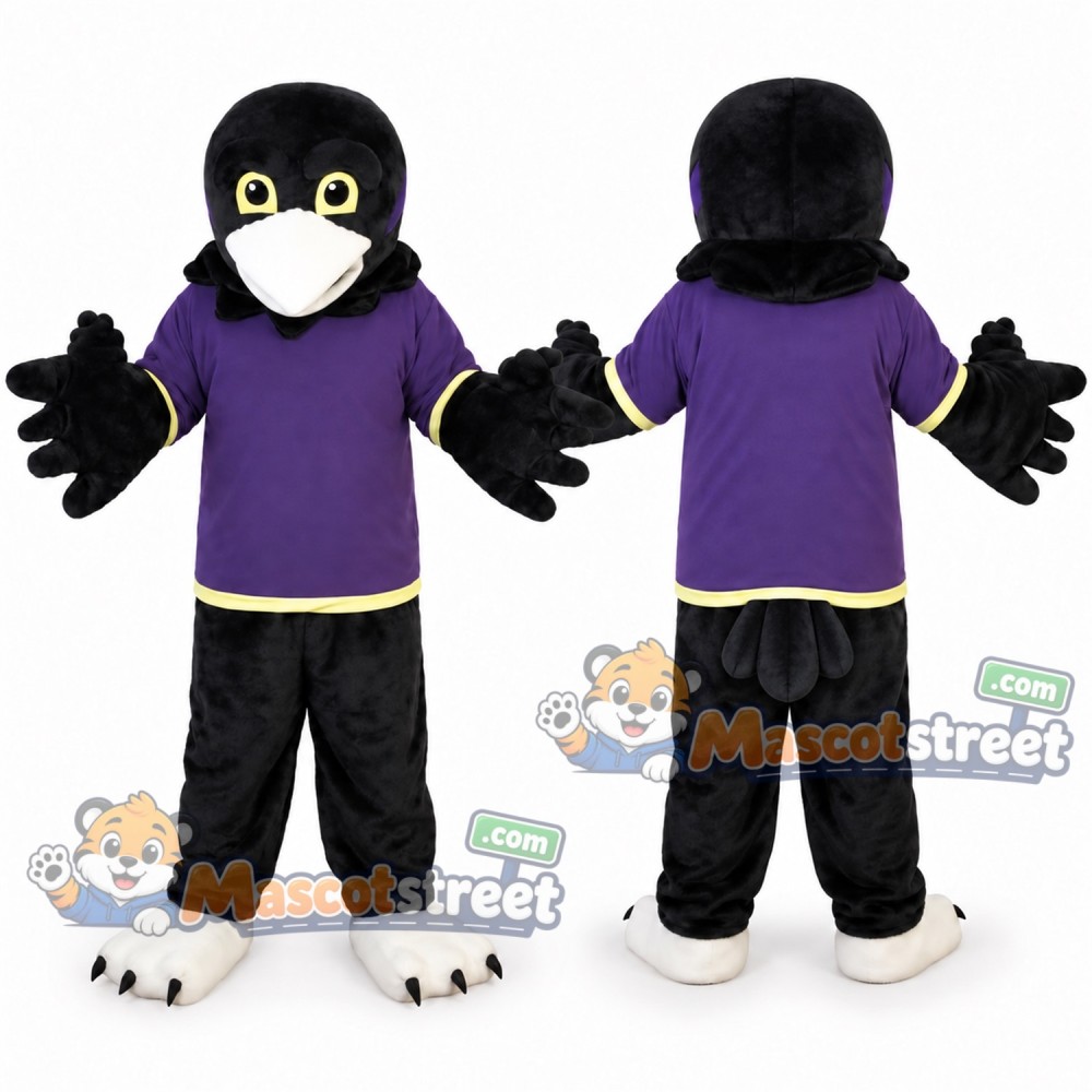 Black Bird Mascot Costume with Purple Shirt Black Bird Mascot Costume with Purple Shirt