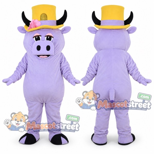 Purple Bull Mascot Costume with Yellow Top Hat