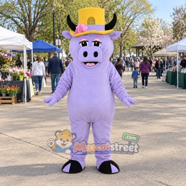Purple Bull Mascot Costume with Yellow Top Hat