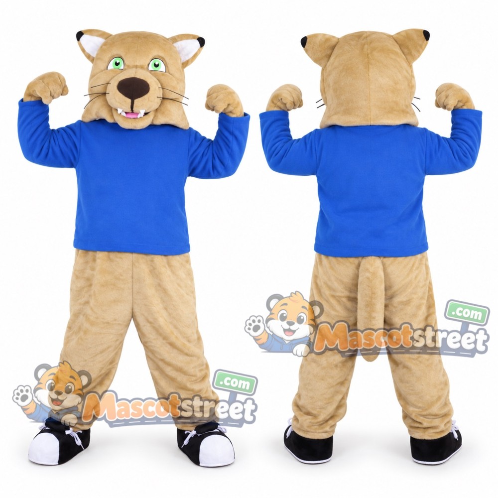 Tan Cougar Mascot Costume with Blue Shirt