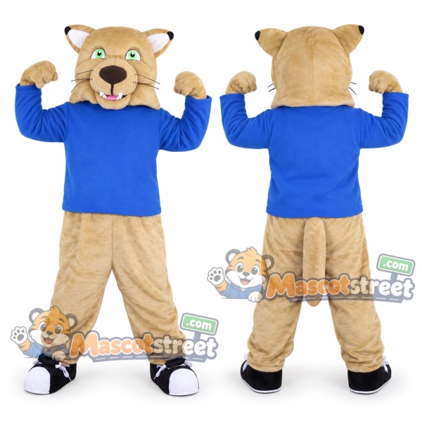 Tan Cougar Mascot Costume with Blue Shirt