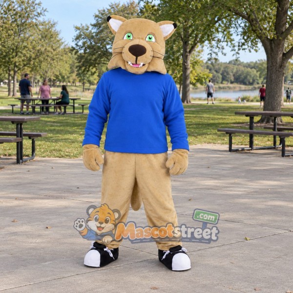 Tan Cougar Mascot Costume with Blue Shirt