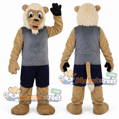 Tan Lion Mascot Costume with Gray Shirt and Black Shorts