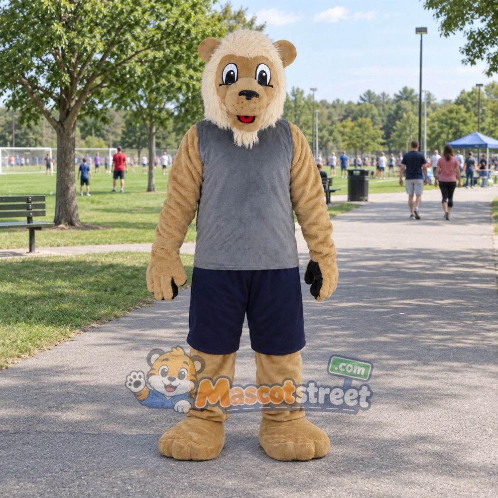 Tan Lion Mascot Costume with Gray Shirt and Black Shorts Tan Lion Mascot Costume with Gray Shirt and Black Shorts