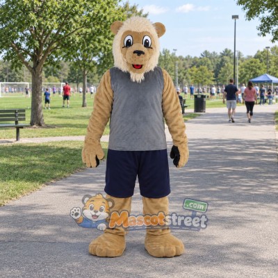 Tan Lion Mascot Costume with Gray Shirt and Black Shorts Tan Lion Mascot Costume with Gray Shirt and Black Shorts