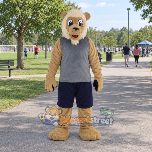 Tan Lion Mascot Costume with Gray Shirt and Black Shorts