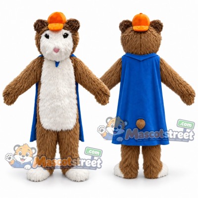 Brown Hamster Mascot Costume with Blue Cape and Orange Cap