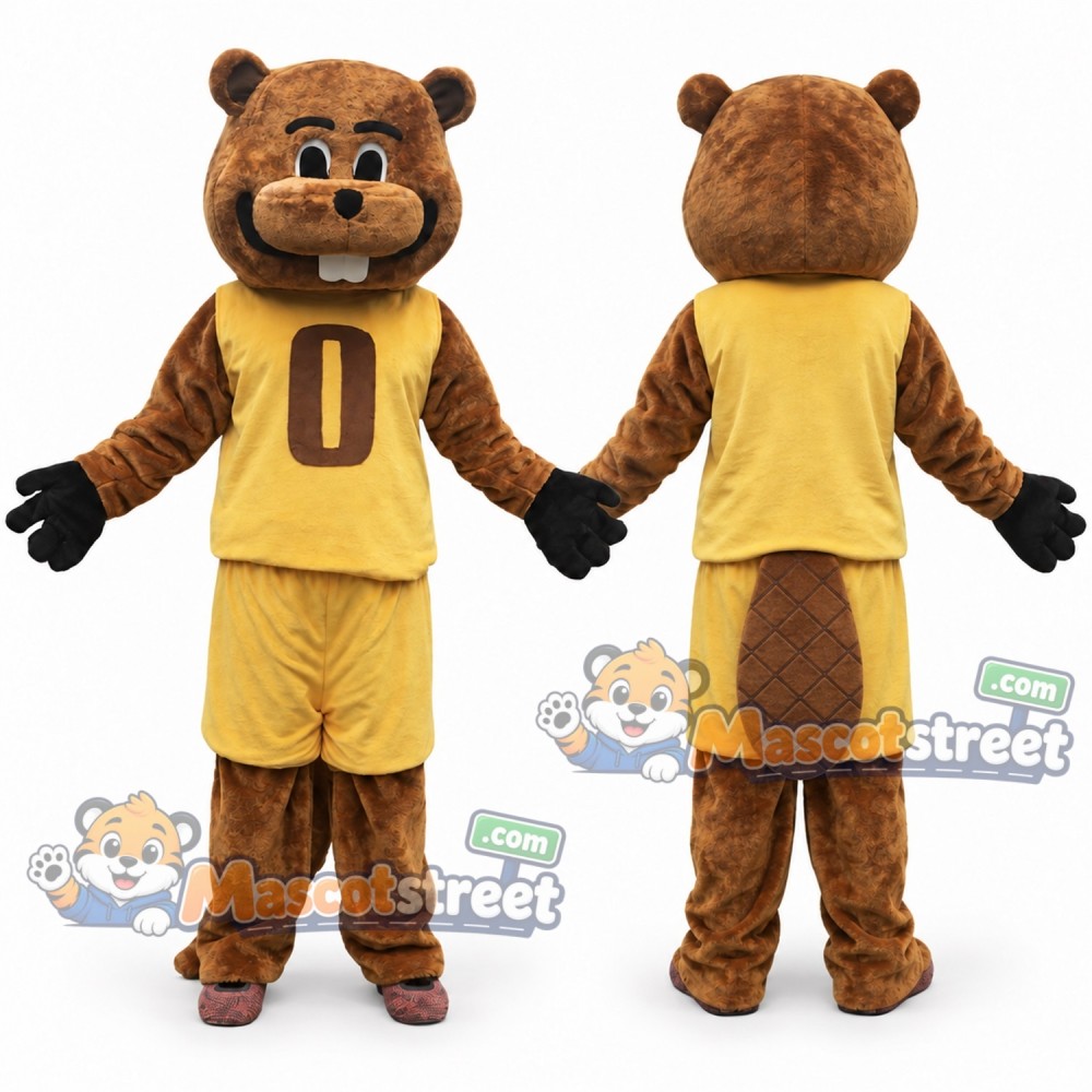 Brown Beaver Mascot Costume with Yellow Sports Uniform Brown Beaver Mascot Costume with Yellow Sports Uniform