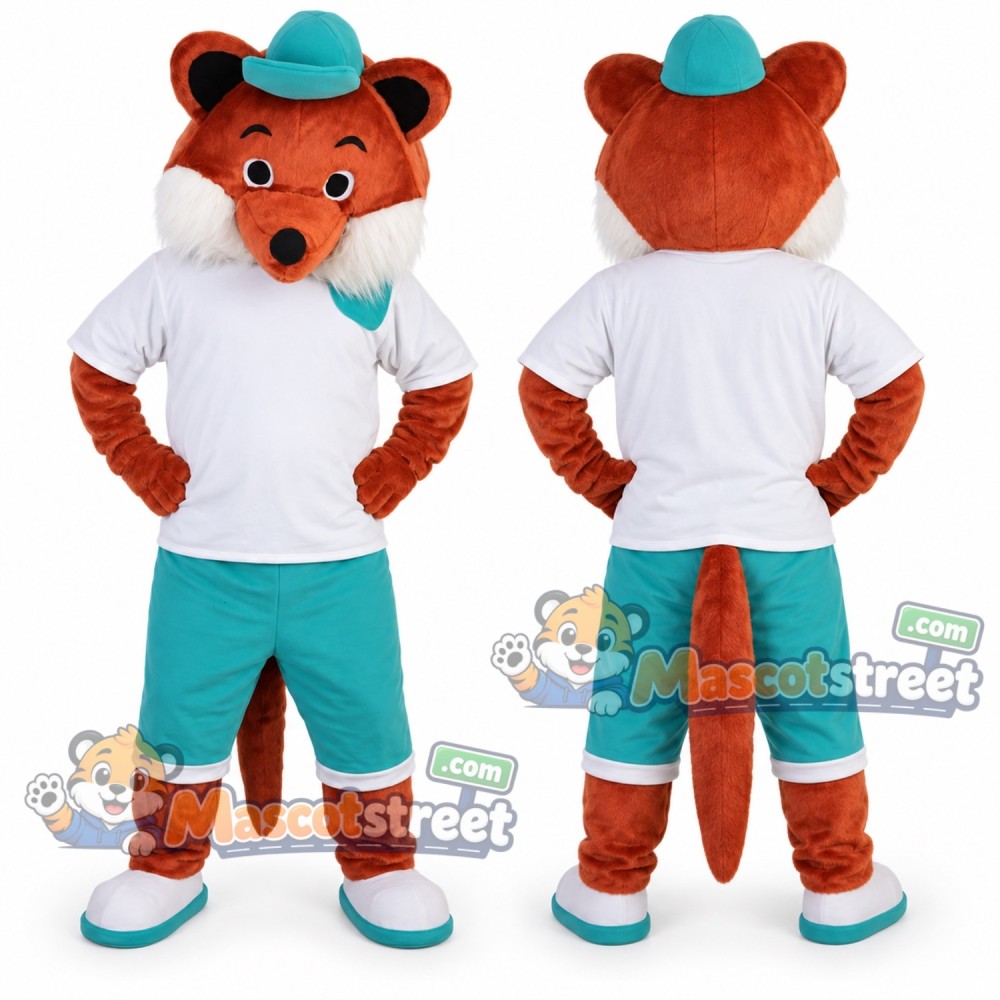 Orange Fox Mascot Costume with White Shirt, Teal Shorts and Cap Orange Fox Mascot Costume with White Shirt, Teal Shorts and Cap