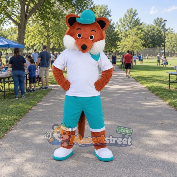 Orange Fox Mascot Costume with White Shirt, Teal Shorts and Cap