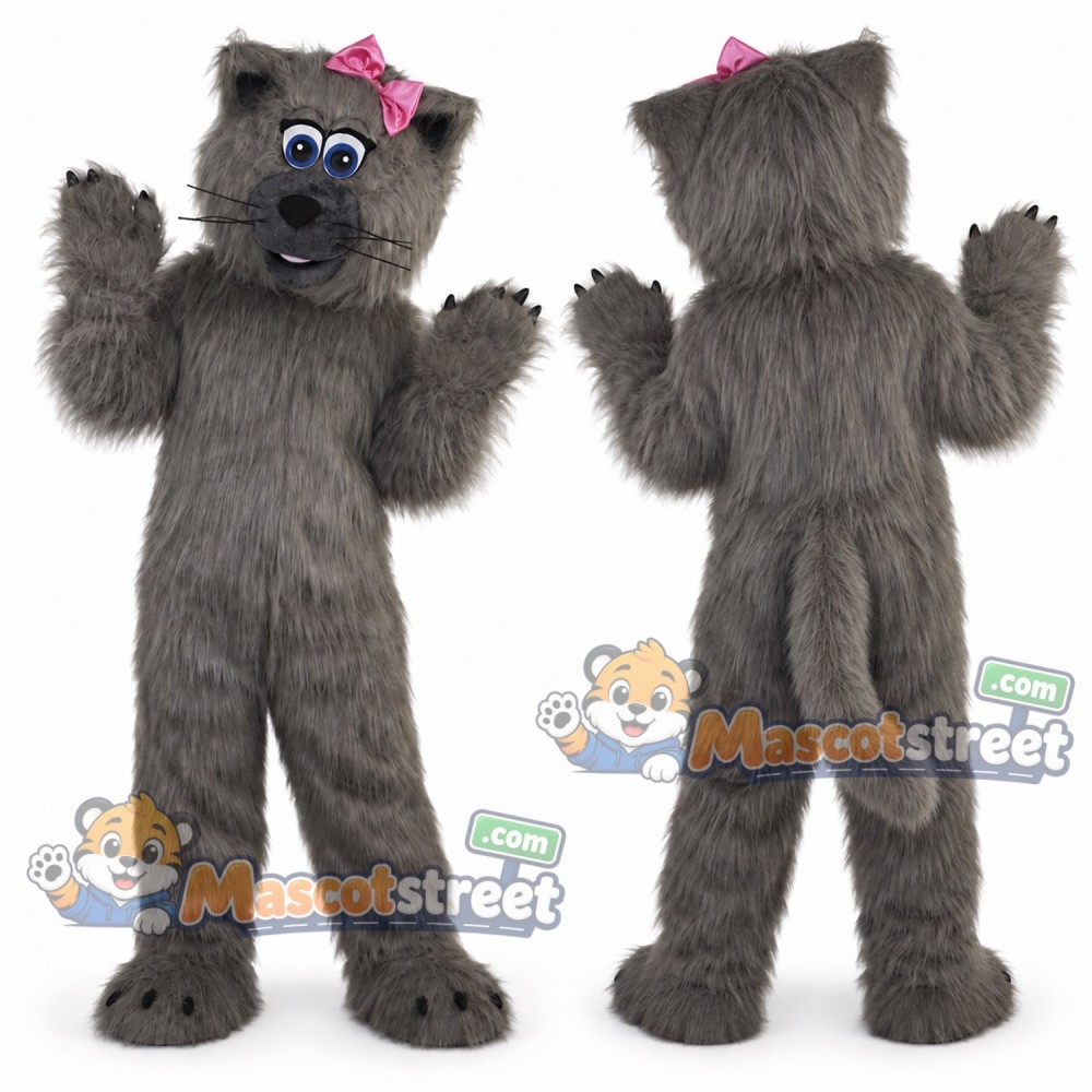 Gray Cat Mascot Costume with Pink Hair Bow Gray Cat Mascot Costume with Pink Hair Bow