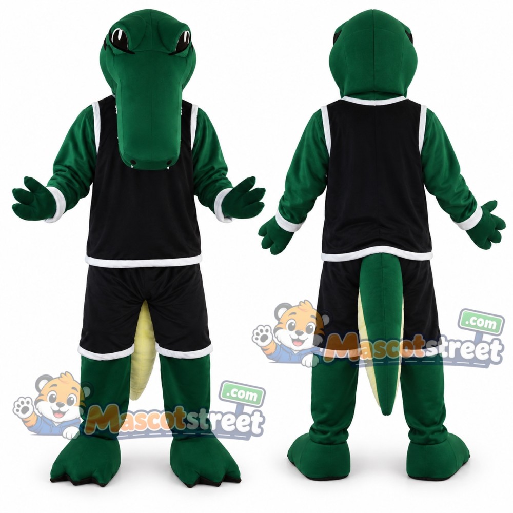 Green Crocodile Mascot Costume with Black Sports Uniform