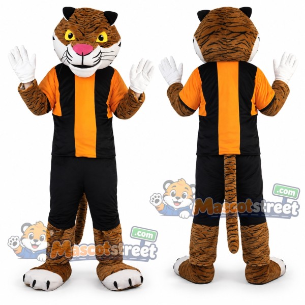 Brown Tiger Mascot Costume with Black and Orange Sports Uniform