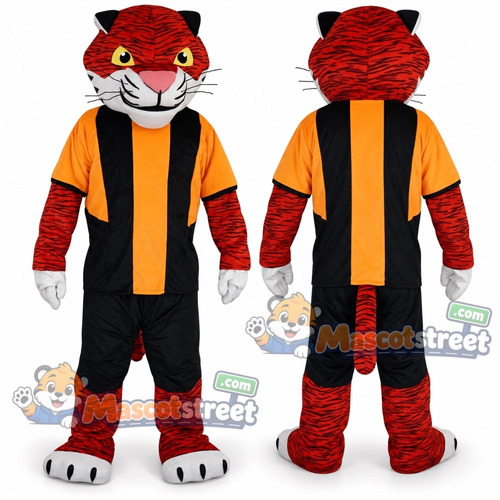 Red Tiger Mascot Costume with Black and Orange Sports Uniform Red Tiger Mascot Costume with Black and Orange Sports Uniform
