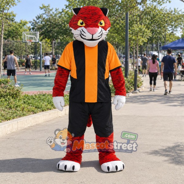 Red Tiger Mascot Costume with Black and Orange Sports Uniform