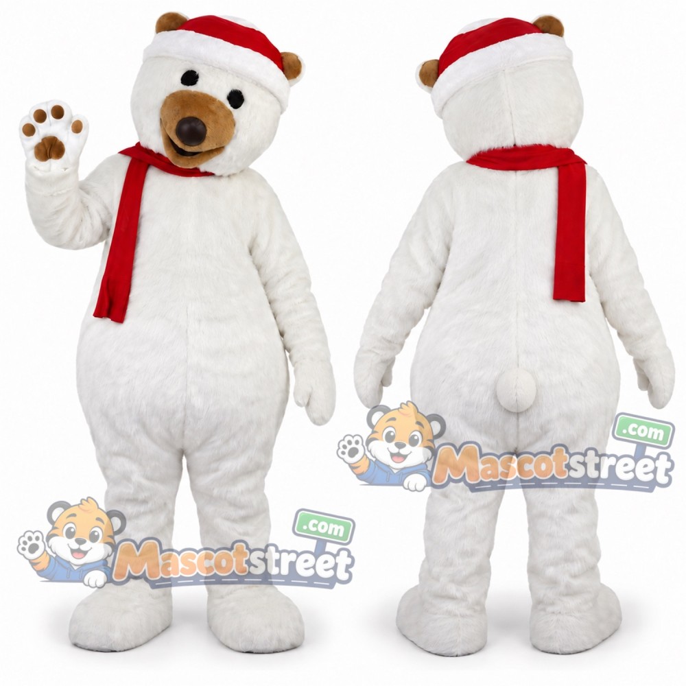 Polar Bear Mascot Costume with Red Scarf and Santa Hat Polar Bear Mascot Costume with Red Scarf and Santa Hat