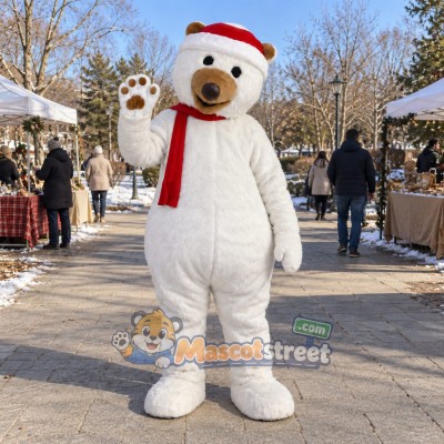 Polar Bear Mascot Costume with Red Scarf and Santa Hat