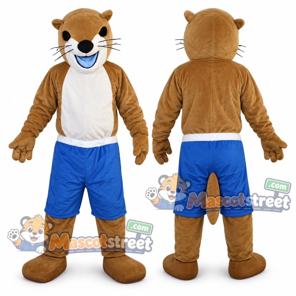 Tan Otter Mascot Costume with Blue Shorts Tan Otter Mascot Costume with Blue Shorts