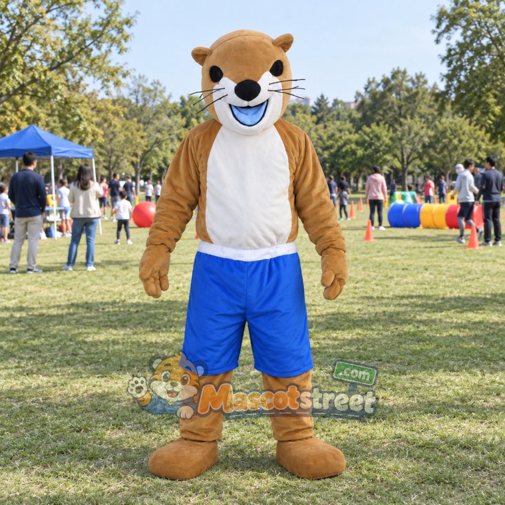 Tan Otter Mascot Costume with Blue Shorts Tan Otter Mascot Costume with Blue Shorts