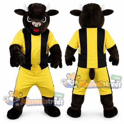 Black Bull Mascot Costume with Yellow and Black Sports Uniform Black Bull Mascot Costume with Yellow and Black Sports Uniform