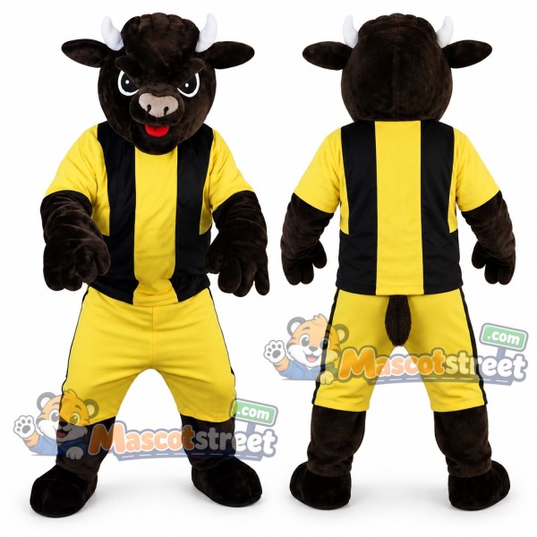 Black Bull Mascot Costume with Yellow and Black Sports Uniform