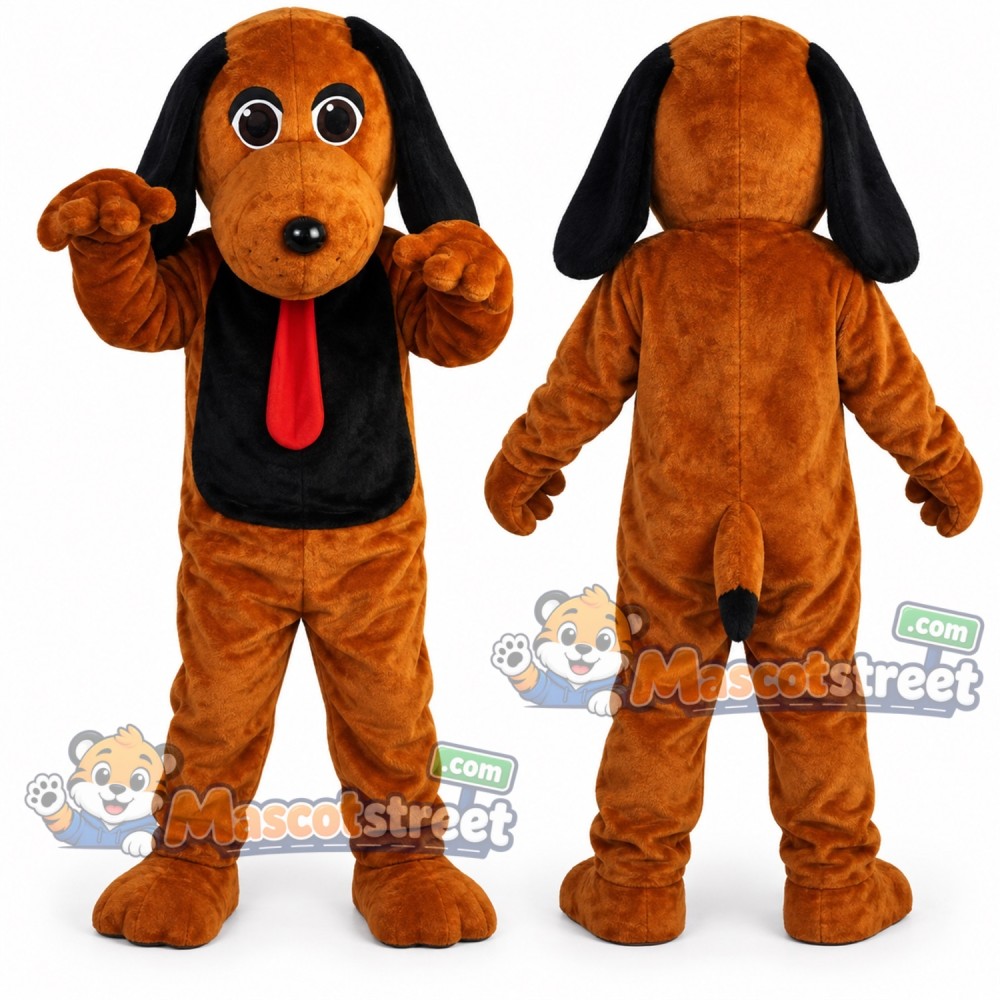 Brown Dog Mascot Costume with Black Bib and Red Tie
