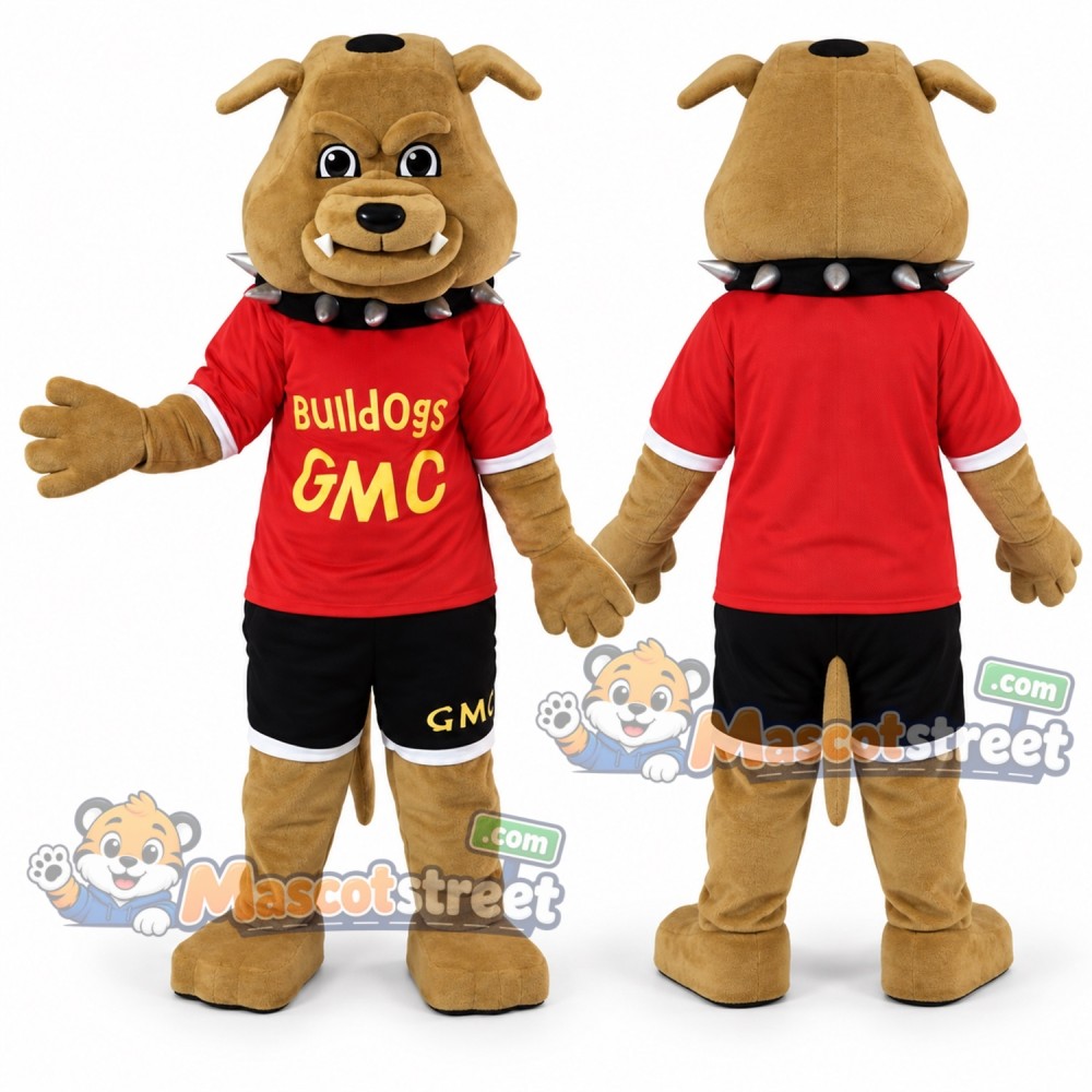 Tan Bulldog Mascot Costume with Red Shirt and Black Shorts