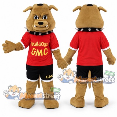 Tan Bulldog Mascot Costume with Red Shirt and Black Shorts