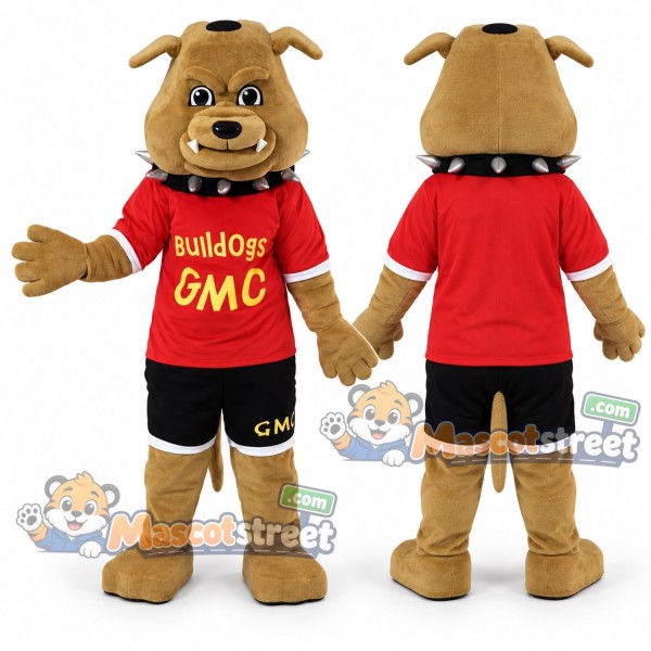 Tan Bulldog Mascot Costume with Red Shirt and Black Shorts