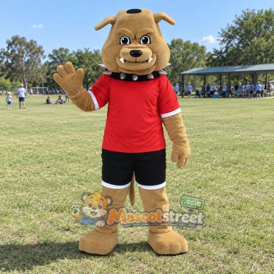 Tan Bulldog Mascot Costume with Red Shirt and Black Shorts Tan Bulldog Mascot Costume with Red Shirt and Black Shorts