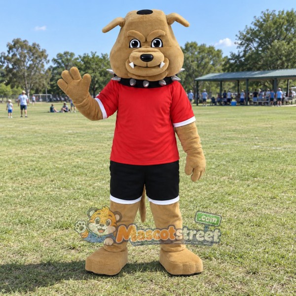 Tan Bulldog Mascot Costume with Red Shirt and Black Shorts
