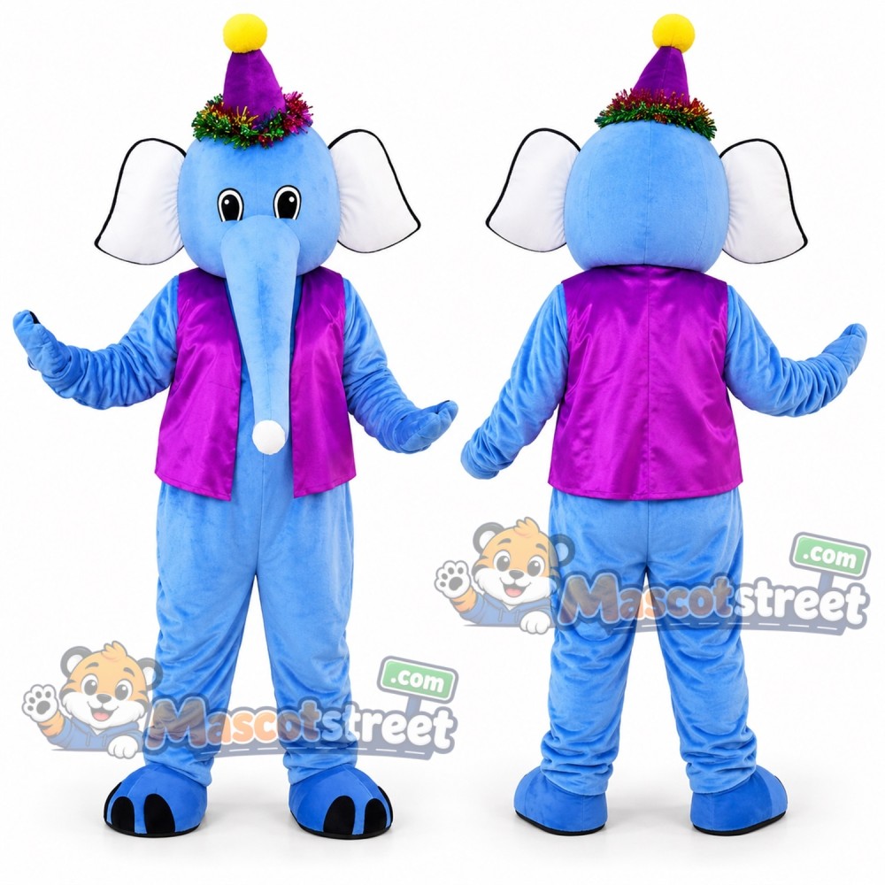 Blue Elephant Mascot Costume with Pink Vest and Party Hat Blue Elephant Mascot Costume with Pink Vest and Party Hat